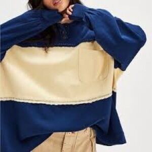 NWT $128 Free People Strawberry Sweatshirt Navy and Cream Buttoned
